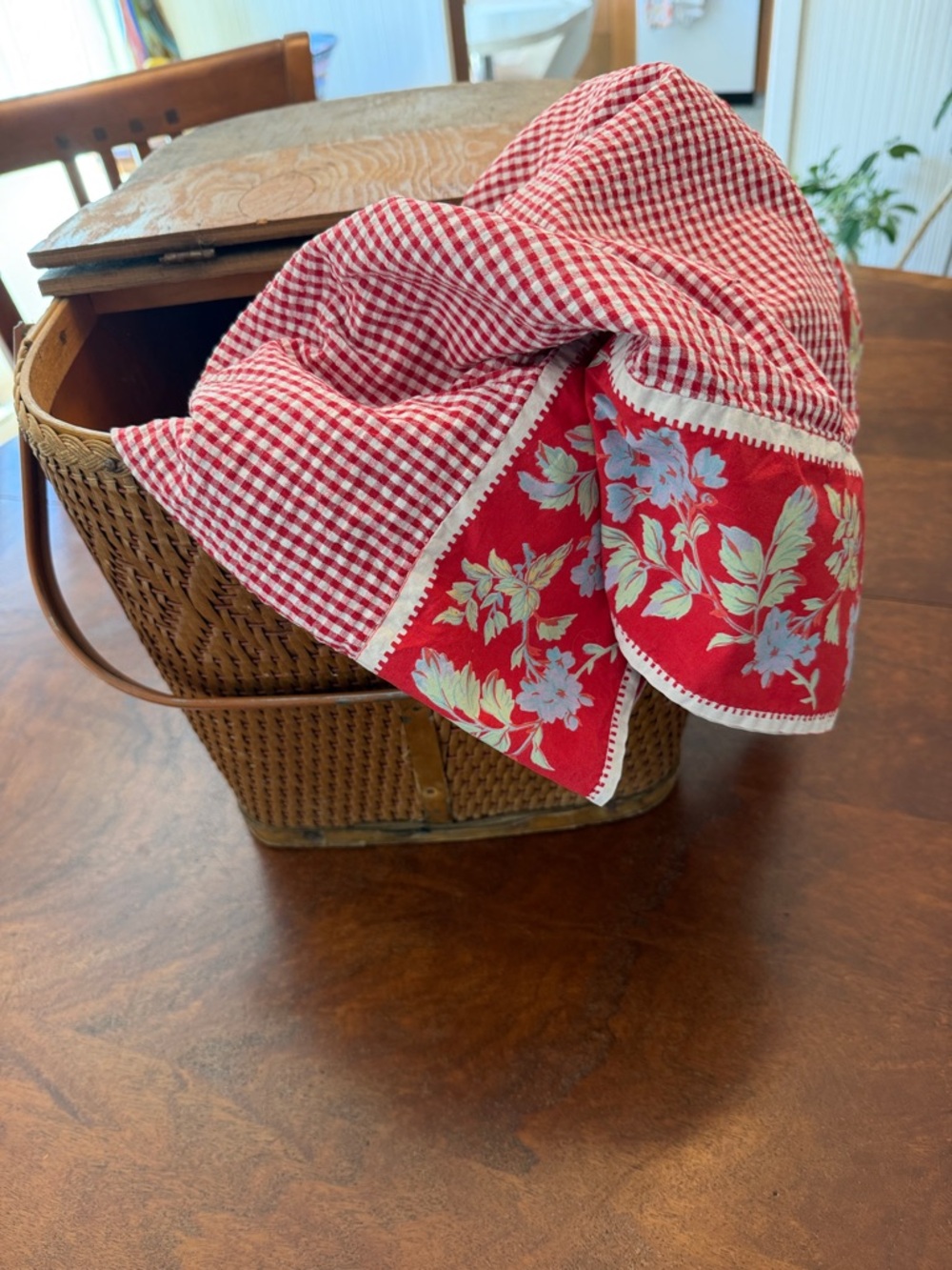 Vintage April Cornell Red Gingham Dragonfly Tablecloth Floral Hem & Four Napkins
